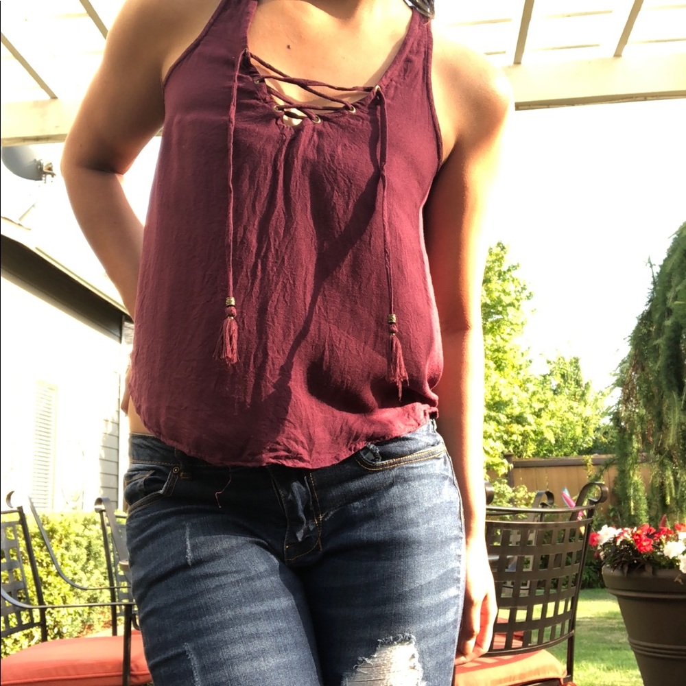Aeropostale Lace-Up Tank, Maroon w/ Brass Accents